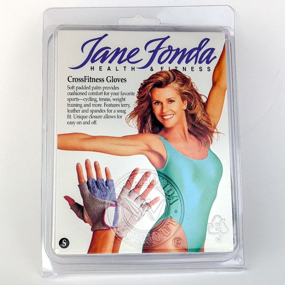 Jane Fonda CrossFitness Gloves S - Vintage 90s NIP Leather Fingerless Pink Blue